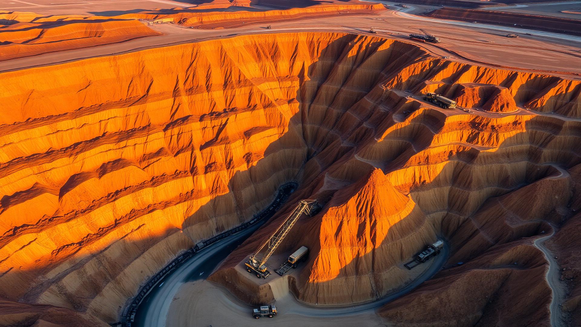 Aerial view of an open-pit mining operation at golden hour